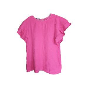 Dokotoo Fushia Rose Women's  Medium Short Ruffled Sleeve 100% Cotton Shirt New